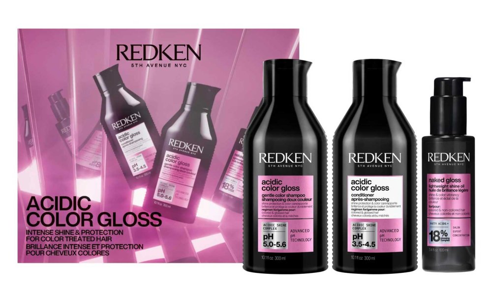 Redken Acidic Color Gloss dárková sada pro barvené vlasy – šampon 300 ml + kondicionér 300 ml + olej Naked Gloss 100 ml
