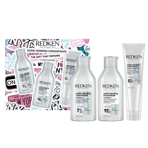 Redken Acidic Bonding Concentrate darčeková sada pre poškodené vlasy šampón 300 ml + kondicionér 300 ml + bezoplachová starostlivosť 150 ml