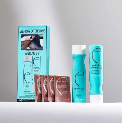 Malibu C Wefts & Extensions sada pro prodloužené vlasy šampon 266 ml + maska 266 ml + wellness sáčky 4 ks