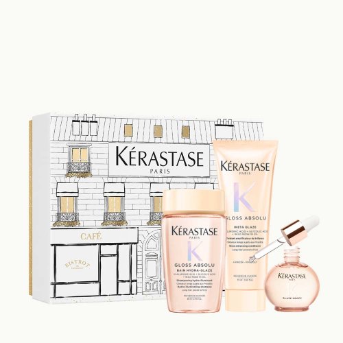 Kérastase Gloss Absolu darčeková sada – šampón Bain Hydra-Gloss 80 ml + kondicionér Fondant Hydra-Gloss 75 ml + rozjasňujúci olej Glaze Drops 45 ml