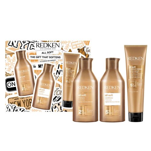 Redken All Soft dárková sada pro suché a křehké vlasy – šampon 300 ml + kondicionér 300 ml + péče 150 ml
