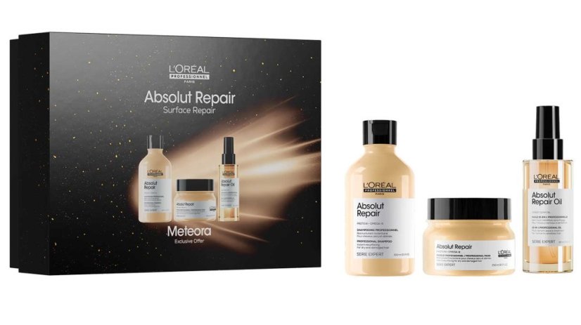 L’Oréal Professionnel Absolut Repair Meteora sada – šampon 300 ml + maska 250 ml + olej 90 ml