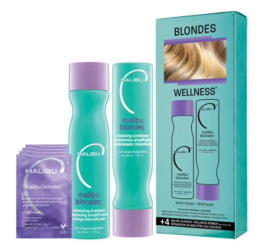 Malibu C Blondes Enhancing Collection Shampoo 266 ml + Conditioner 266 ml + Wellness-Beutel 4 Stk. Geschenkset