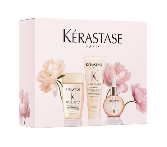 Kérastase Gloss Absolu Oil Spring Set – Bain Hydra-Gloss šampón 80 ml + Fondant Hydra-Gloss kondicionér 75 ml + Glaze Drops rozjasňujúci olej 45 ml