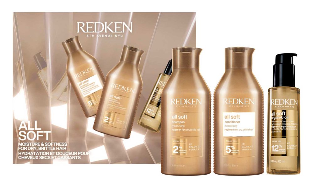 Redken All Soft dárková sada pro suché a křehké vlasy – šampon 300 ml + kondicionér 300 ml + olej Argan-6 100 ml